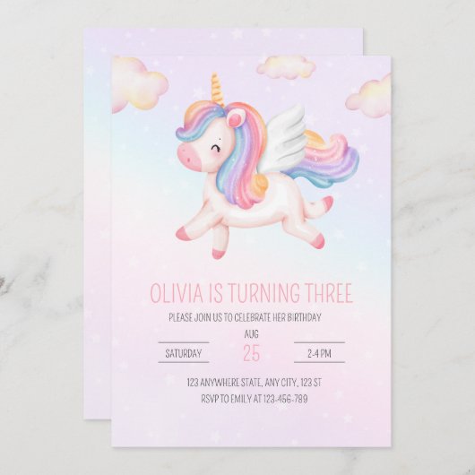 Eenhoorn Verjaardag Uitnodiging, Eenhoorn Regenboo Kaart (Voorkant / Achterkant)