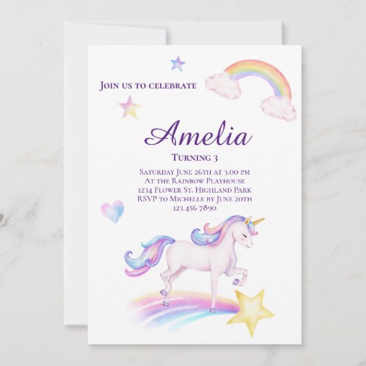 Eenhoorn Verjaardag Uitnodiging Eenhoorn Verjaarda (Voorkant)