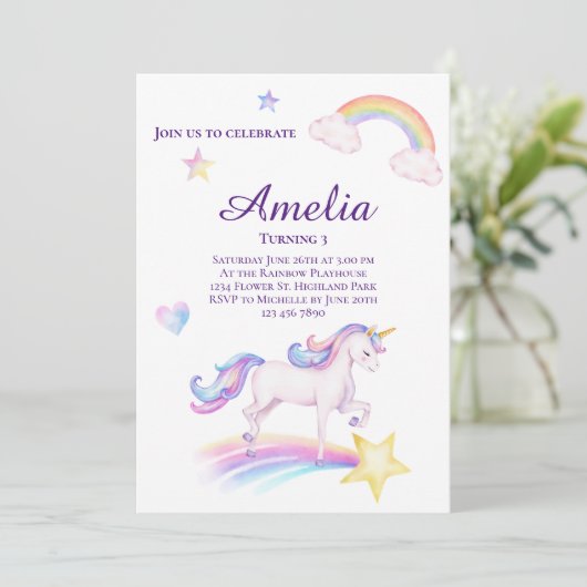 Eenhoorn Verjaardag Uitnodiging Eenhoorn Verjaarda (Staand voorkant)