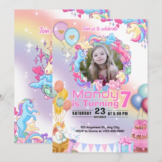 Eenhoorn Verjaardag Uitnodiging Feest (Voorkant / Achterkant)