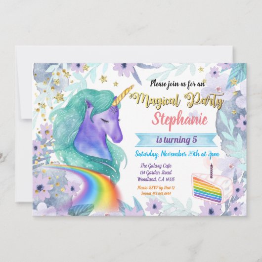 Eenhoorn verjaardag uitnodiging. Magische regenboo Kaart (Voorkant)