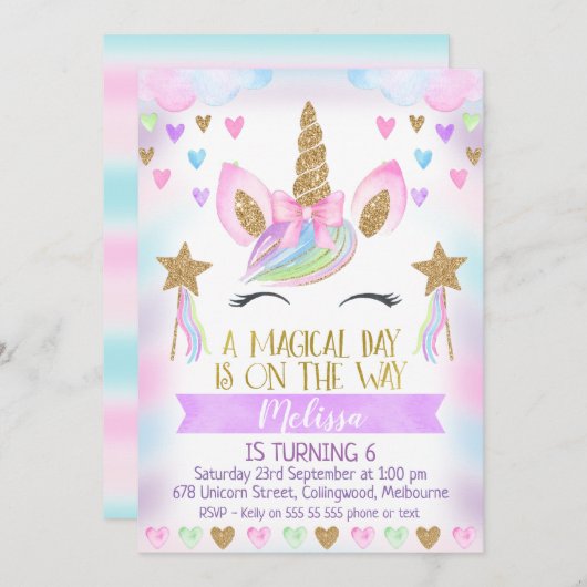 Eenhoorn verjaardag uitnodiging met glitter (Voorkant / Achterkant)