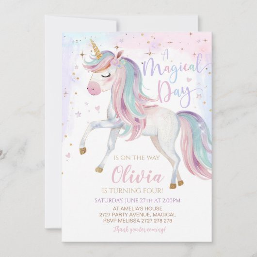 Eenhoorn Verjaardag Uitnodiging Partij ☆★ ☆★ ☆★ ☆★ (Voorkant)