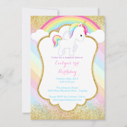 Eenhoorn Verjaardag Uitnodiging - Pastel Rainbow (Voorkant)