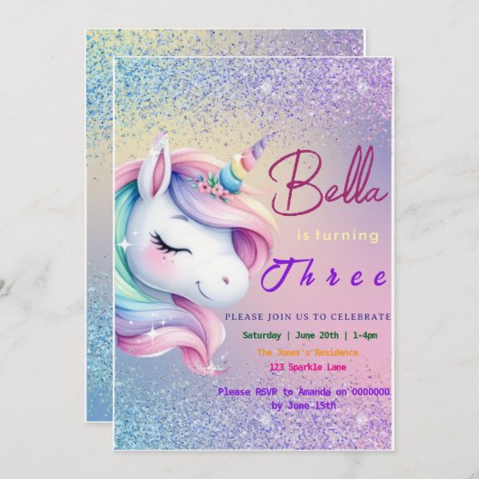 Eenhoorn Verjaardag Uitnodiging Pastel Rainbow Par (Voorkant / Achterkant)