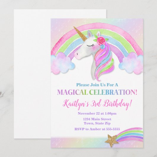 Eenhoorn Verjaardag Uitnodiging, Regenboog Eenhoor Kaart (Voorkant / Achterkant)