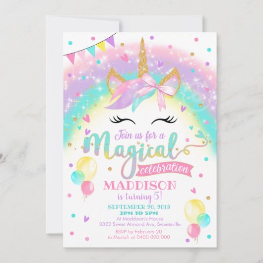 Eenhoorn Verjaardag Uitnodiging Regenboog Eenhoorn (Voorkant)