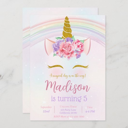 Eenhoorn Verjaardag Uitnodiging Regenboog Feest Ui (Voorkant / Achterkant)