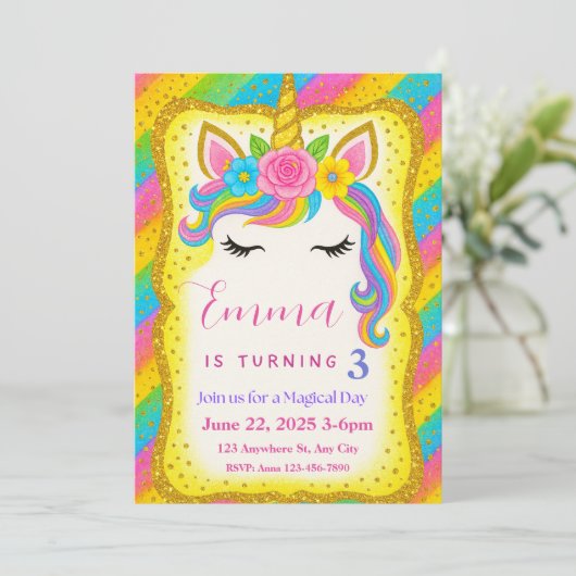 Eenhoorn Verjaardag Uitnodiging voor Girls Party (Staand voorkant)