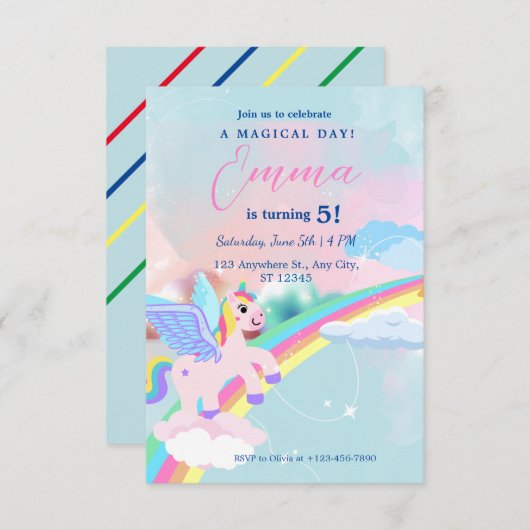 Eenhoorn Verjaardag uitnodiging voor Kind (Voorkant / Achterkant)