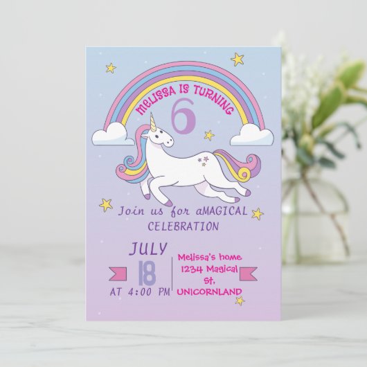 Eenhoorn verjaardag uitnodiging voor meisjes (Staand voorkant)