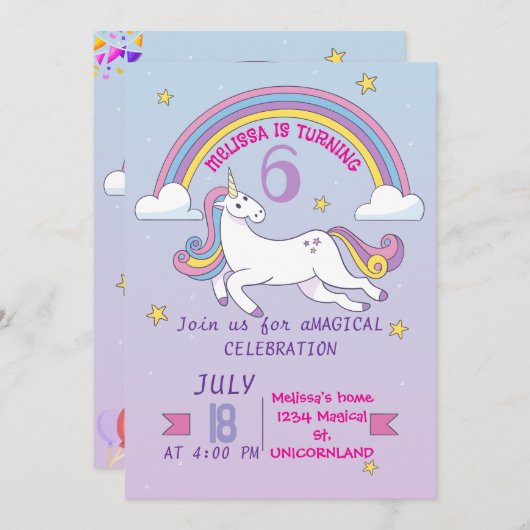 Eenhoorn verjaardag uitnodiging voor meisjes (Voorkant / Achterkant)