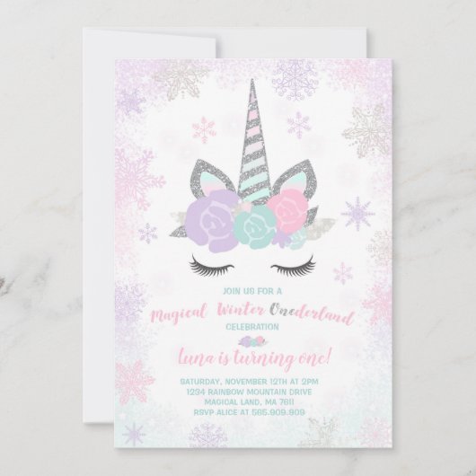 Eenhoorn Verjaardag Uitnodiging Winter Eenhoorn Pa (Voorkant)