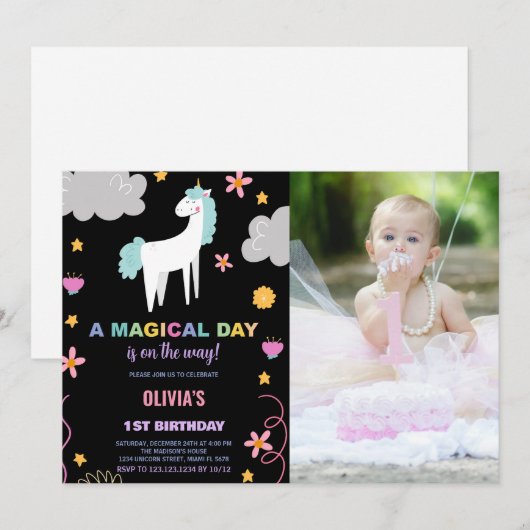 Eenhoorn Verjaardag Uitnodigingen met foto (Voorkant / Achterkant)