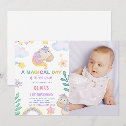 Eenhoorn Verjaardag Uitnodigingen met foto (Voorkant / Achterkant)