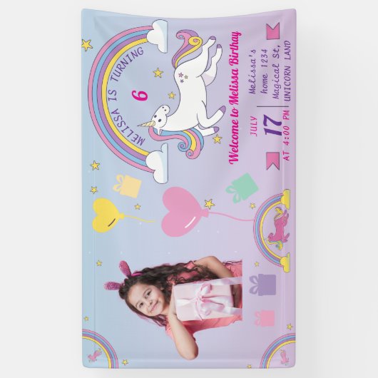 Eenhoorn Verjaardag Vinyl Banner - Aangepaste naam (Verticaal)