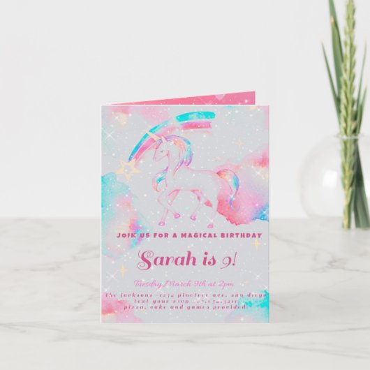 eenhoorn verjaardag Vouw Uitnodiging (Voorkant)