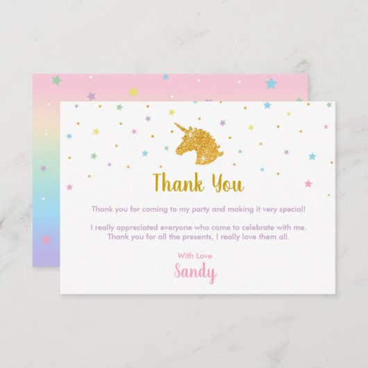 Eenhoorn verjaardagsfeest bedankkaart kaart (Voorkant / Achterkant)