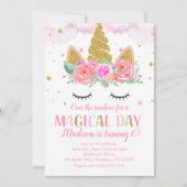 Eenhoorn Verjaardagsfeest Gouden Glitter Bloemen Kaart (Voorkant)