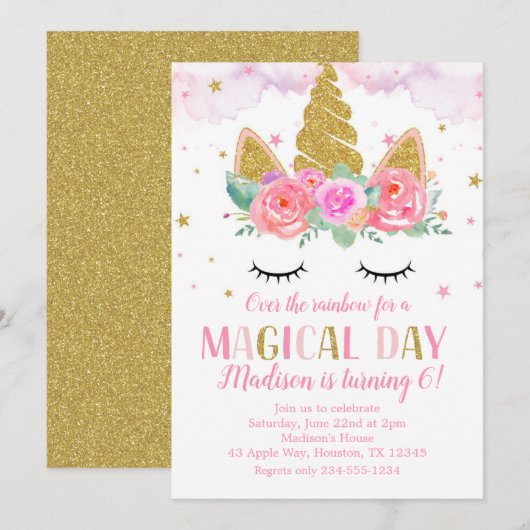 Eenhoorn Verjaardagsfeest Gouden Glitter Bloemen Kaart (Voorkant / Achterkant)