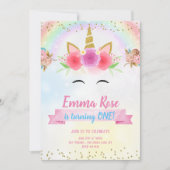 Eenhoorn Verjaardagsfeest Gouden Glitter Kaart (Voorkant)