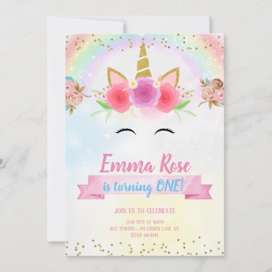 Eenhoorn Verjaardagsfeest Gouden Glitter Kaart (Voorkant)