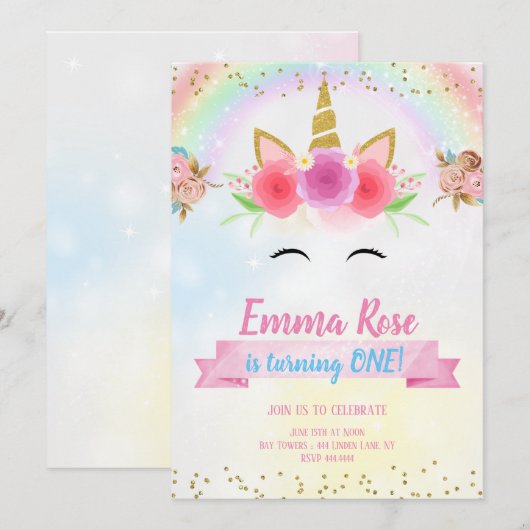 Eenhoorn Verjaardagsfeest Gouden Glitter Kaart (Voorkant / Achterkant)