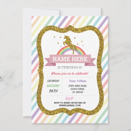 Eénhoorn verjaardagsfeest Gouden Glitters Regenboo Kaart (Voorkant)