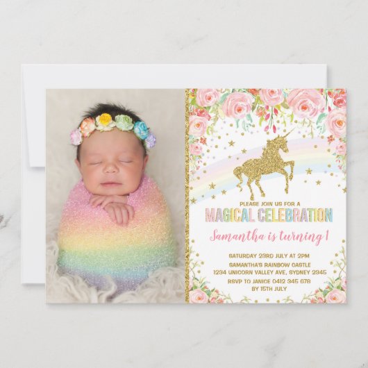 Eenhoorn Verjaardagsfeest Roze Rozen Kaart (Voorkant)