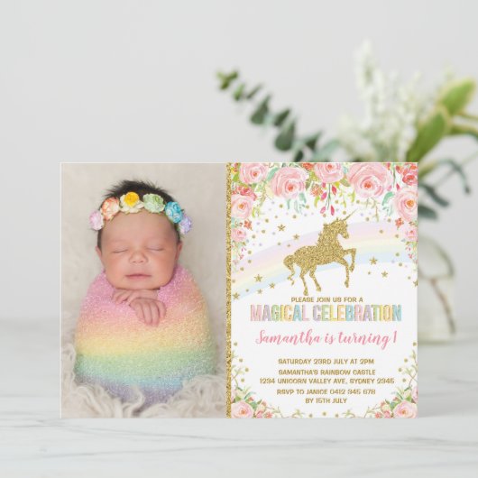 Eenhoorn Verjaardagsfeest Roze Rozen Kaart (Staand voorkant)