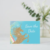 Eenhoorn Verjaardagsfeest Save The Date Briefkaart (Staand voorkant)