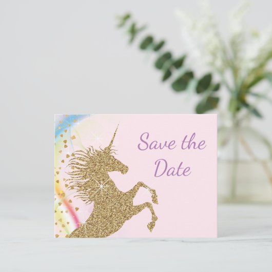 Eenhoorn Verjaardagsfeest Save The Date Briefkaart (Staand voorkant)