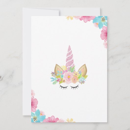 Eenhoorn Verjaardagsfeest Waterverf Bloemen Magisc Kaart (Achterkant)