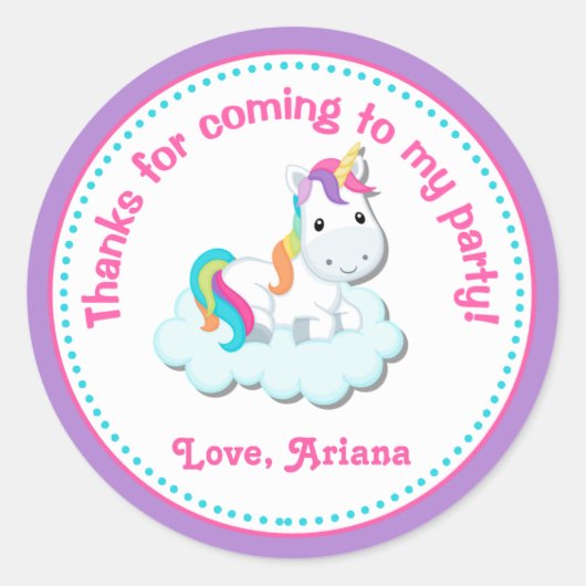 Eenhoorn Verjaardagsfeestje Favor Tag Sticker (Voorkant)