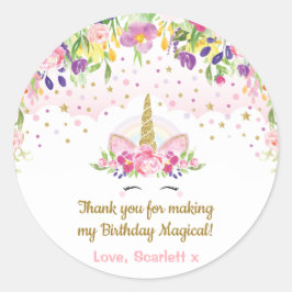 Eenhoorn Verjaardagsfeestje Favorieten Roze Gouden Ronde Sticker