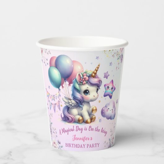 Eenhoorn Verjaardagsfeestje Meisje Paarse & Gouden Papieren Bekers (Achterkant)