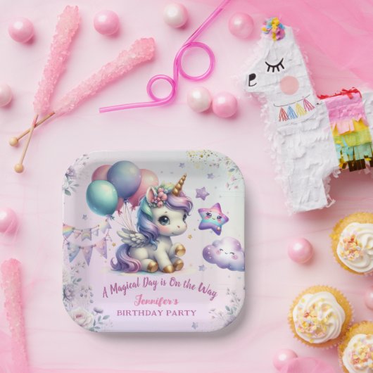 Eenhoorn Verjaardagsfeestje Meisje Paarse & Gouden Papieren Bordje (Feest)