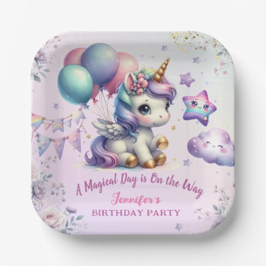 Eenhoorn Verjaardagsfeestje Meisje Paarse & Gouden Papieren Bordje (Voorkant)