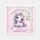 Eenhoorn Verjaardagsfeestje Meisje Roze Paarse Pap Servet (Voorkant)