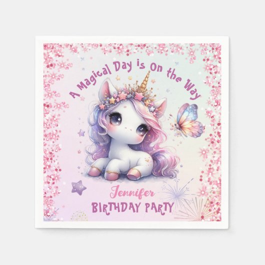 Eenhoorn Verjaardagsfeestje Meisje Roze Paarse Pap Servet (Voorkant)