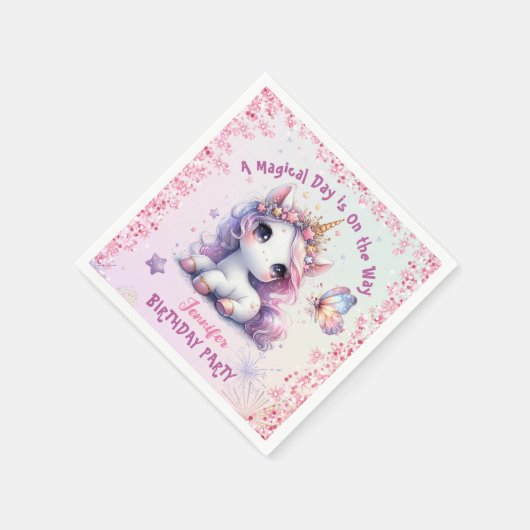 Eenhoorn Verjaardagsfeestje Meisje Roze Paarse Pap Servet (Hoek)