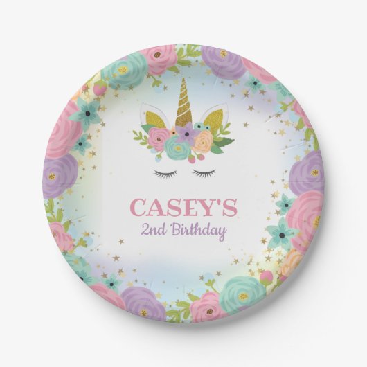 Eenhoorn Verjaardagsfeestje Papieren Bord (Voorkant)