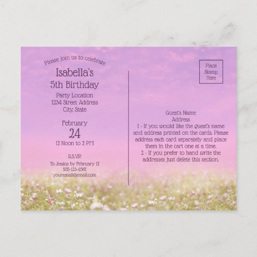 Eenhoorn Verjaardagsfeestje Roze en Lavendel Uitnodiging Briefkaart (Achterkant)