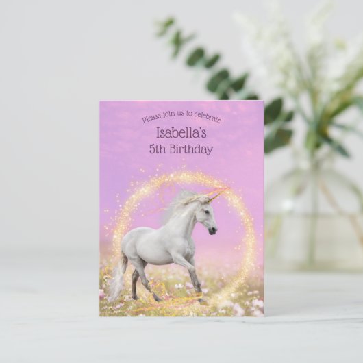 Eenhoorn Verjaardagsfeestje Roze en Lavendel Uitnodiging Briefkaart (Staand voorkant)