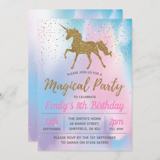 Eenhoorn verjaardagsfeestje uitnodiging (Voorkant / Achterkant)