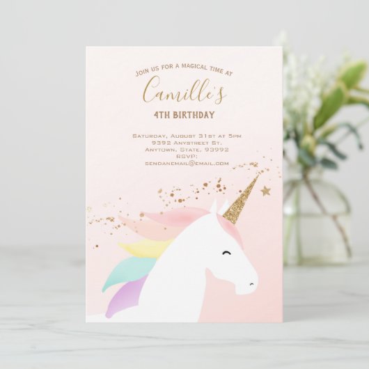 Eenhoorn verjaardagsfeestuitnodiging regenboog mod kaart (Staand voorkant)