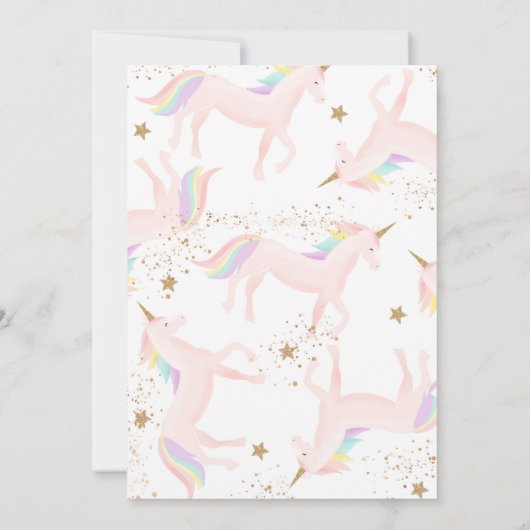 Eenhoorn verjaardagsfeestuitnodiging regenboog mod kaart (Achterkant)