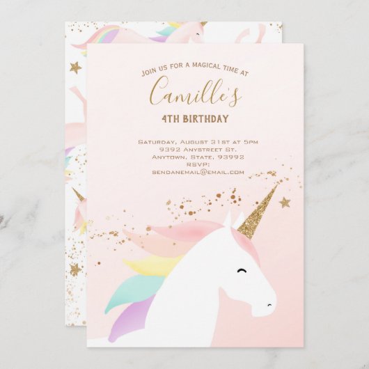 Eenhoorn verjaardagsfeestuitnodiging regenboog mod kaart (Voorkant / Achterkant)