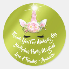 Eenhoorn Verjaardagsgunst Roze Vonk Goud Bloemen G Ronde Sticker