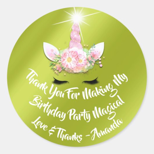 Eenhoorn Verjaardagsgunst Roze Vonk Goud Bloemen G Ronde Sticker (Voorkant)